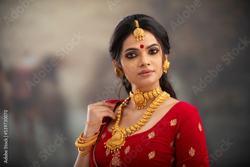 Canvas Print Pretty Indian young Hindu Bride portrait in studio light.