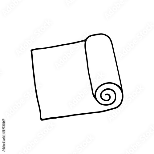 Cozy yoga mat. Sports equipment. Doodle. Drawn by hand. Vector illustration. Outline.
