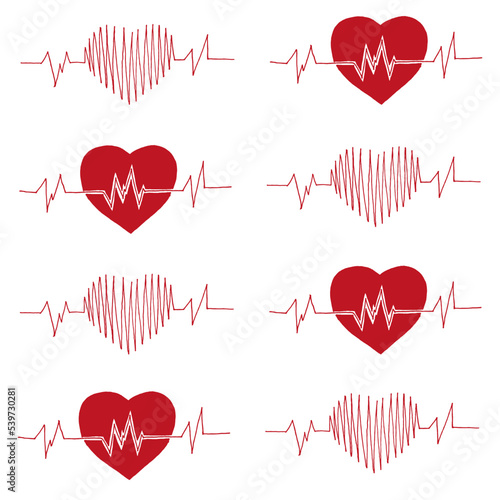 Set of different kind of Red Hearts. Pattern with Heart with a Cardiogram symbol, Heartbreak. Collection with hearts icon for hospital, clinic and medical centre.