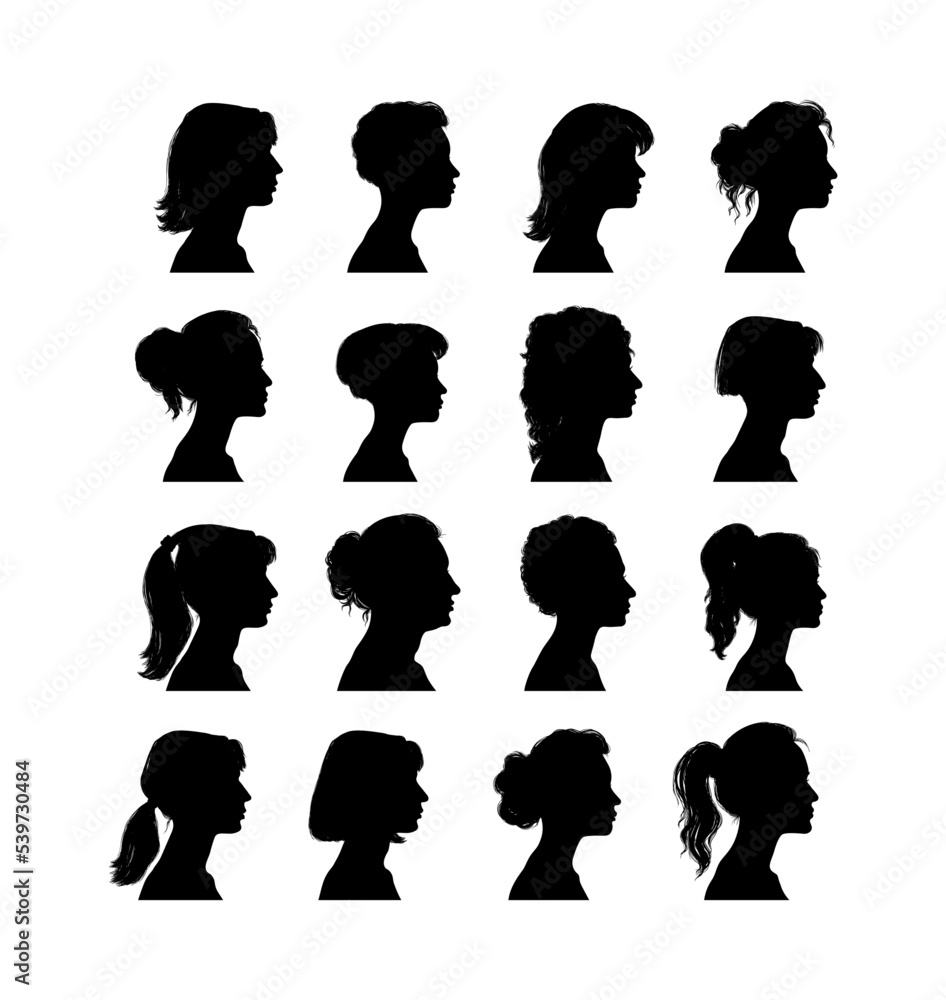 Set of diversity women silhouette portraits. Female head, face profile, vignette. Hand drawn illustration for invitation, postcard. Portraits of beautiful girls with a hairstyle. Vector.
Set of diversity women silhouette portraits. Female head, face profile, vignette. Hand drawn illustration for invitation, postcard. Portraits of beautiful girls with a hairstyle. Vector.