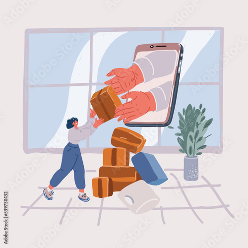 Vector illustration of Happy young woman recived parcel order, shopping online, good delivery concept