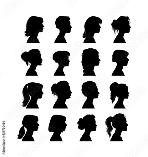 Set of diversity women silhouette portraits. Female head, face profile, vignette. Hand drawn illustration for invitation, postcard. Portraits of beautiful girls with a hairstyle. Vector.	
