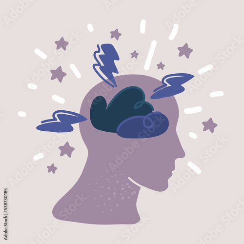 Vector illustration of Human brain paper with thunder storm inside