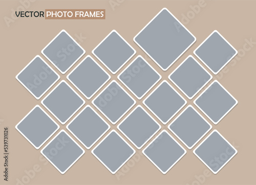 20 empty rhombus photo frames. Set of square photo cards for portraits. Vector realistic Mockup for design, graduations, congratulations, photo albums, collages. Blank template on beige. EPS10. 