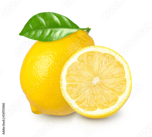 Ripe lemon fruit and slices with leaves isolated on white background, Fresh and Juicy Lemon