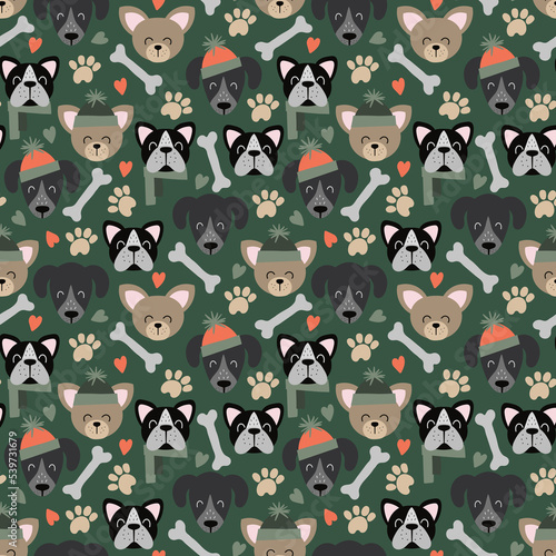 Seamless dog pattern, Puppy faces repeat design, Cute cartoon doggy wallpaper, Dog Breeds Head background, Pawprint and bones, Cute pup Face Design