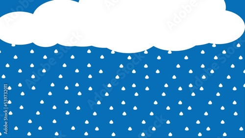 4K animation of cartoon raindrops falling from the clouds. Cloud video running. Is raining. Vector illustration isolated on a blue background. Looped video.