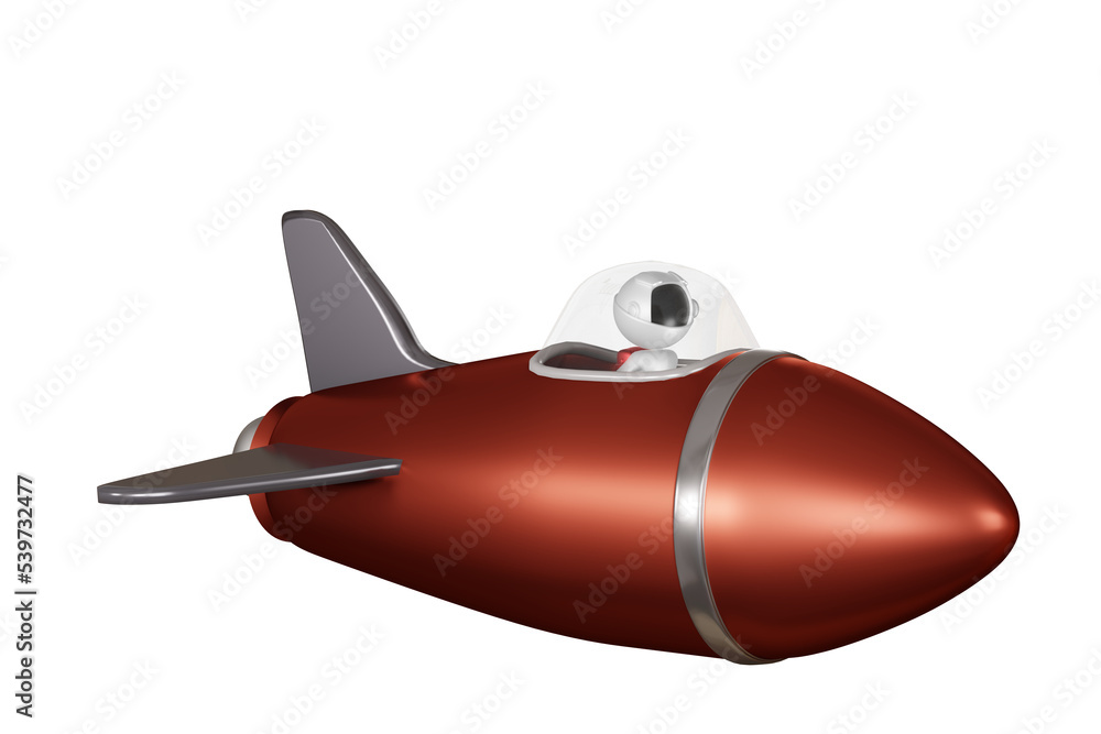 Astronaut and Red realistic rocket isolated on background