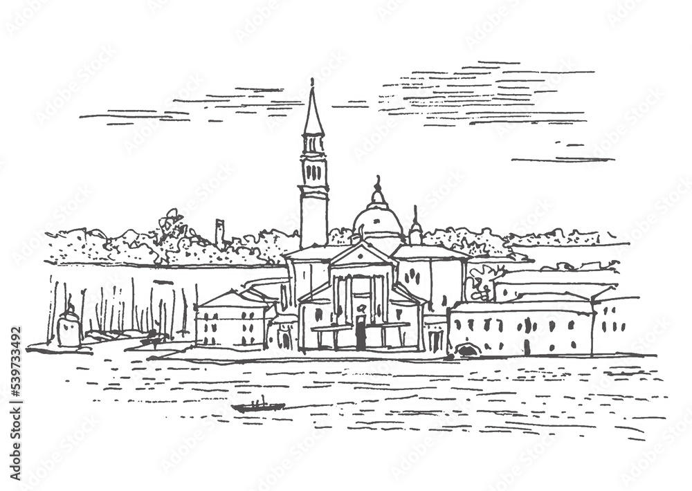 Architecture sketch illustration. Travel sketch of San Marco square and Lido island in Italy, Venice, Europe. Liner sketches architecture of Venice. Sketch in black color on white background. 