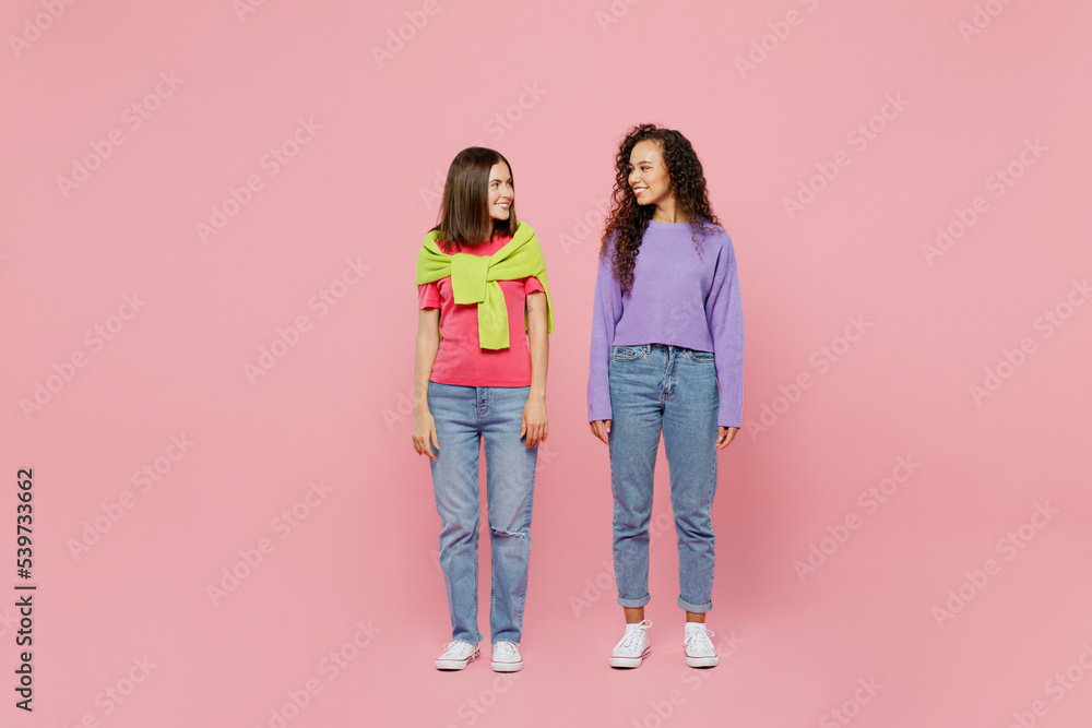 Full body young two friends cheerful happy fun cool positive women 20s wears green purple shirts together stand look to each other isolated on pastel plain light pink color background studio portrait. Full body young two friends cheerful happy fun cool positive women 20s wears green purple shirts together stand look to each other isolated on pastel plain light pink color background studio portrait.