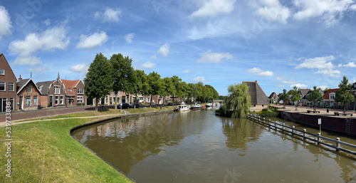 Panorama from a canal and the architecture in the old city of Franeker