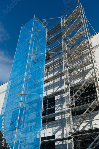 scaffolding on a building for facade and roof renovation in Geneva  Switzerland 