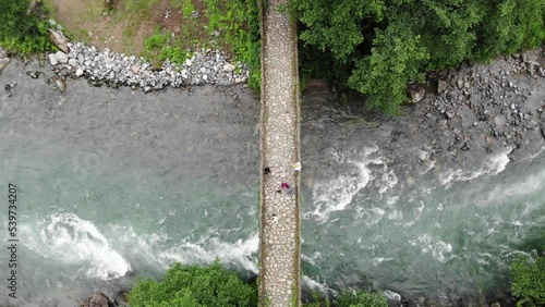 Ancient Stone Bridge Top Down View Over River