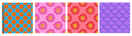 set of floral prints for fabric. textile seamless patterns. 1970 psychedelic, hippie and funky. cottage core 60s rustic interior decor. wallpaper and background pattern. children's naive style