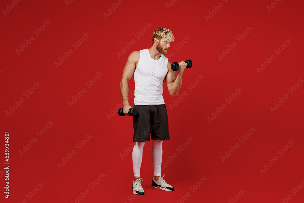 Full body side view young strong sporty toned sportsman man wear white clothes spend time in home gym hold dumbbells posing look aside isolated on plain red background Workout sport fit body concept. Full body side view young strong sporty toned sportsman man wear white clothes spend time in home gym hold dumbbells posing look aside isolated on plain red background Workout sport fit body concept.