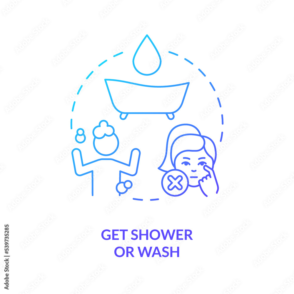 Get shower or wash blue gradient concept icon. Wash body and hair. Decontaminate after radiation emergency abstract idea thin line illustration. Isolated outline drawing. Myriad Pro-Bold font used Get shower or wash blue gradient concept icon. Wash body and hair. Decontaminate after radiation emergency abstract idea thin line illustration. Isolated outline drawing. Myriad Pro-Bold font used