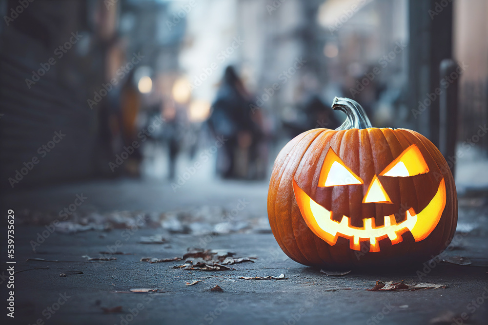 Halloween pumpkin burning in outside on a suburban street pavement. Halloween concept, copy space. 3d illustration. Halloween pumpkin burning in outside on a suburban street pavement. Halloween concept, copy space. 3d illustration.