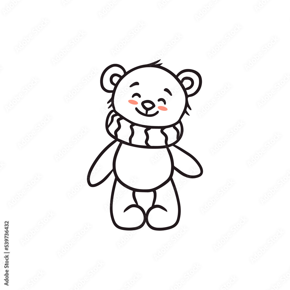 cute cartoon bear in a scarf, doodle, sketch,contour,coloring book.