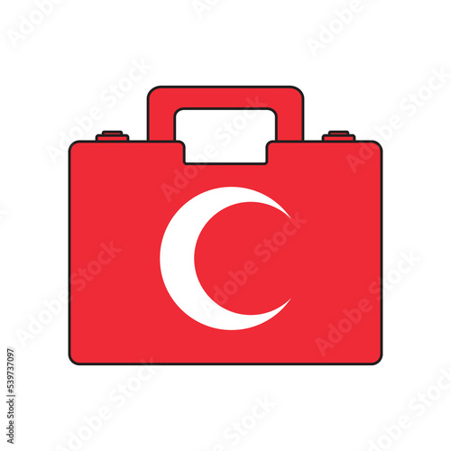 Red Crescent kit, bag. emergency kit Icon isolated on white background. Help people. hospital health, moon vector, crescent. Flag of International Committee Red Cross. Humanitarian movement.