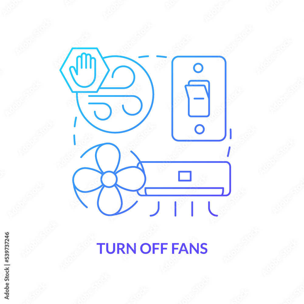 Turn off fans blue gradient concept icon. Avoid fresh air. Action at home during nuclear accident abstract idea thin line illustration. Isolated outline drawing. Myriad Pro-Bold font used Turn off fans blue gradient concept icon. Avoid fresh air. Action at home during nuclear accident abstract idea thin line illustration. Isolated outline drawing. Myriad Pro-Bold font used