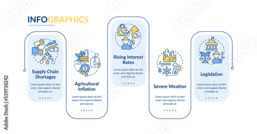 Farming economics problems rectangle infographic template. Agro. Data visualization with 5 steps. Editable timeline info chart. Workflow layout with line icons. Myriad Pro-Bold, Regular fonts used