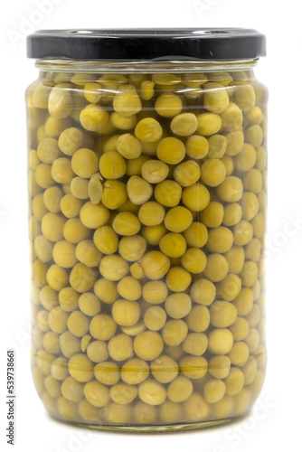 Canned peas in glass jar isolated on white background