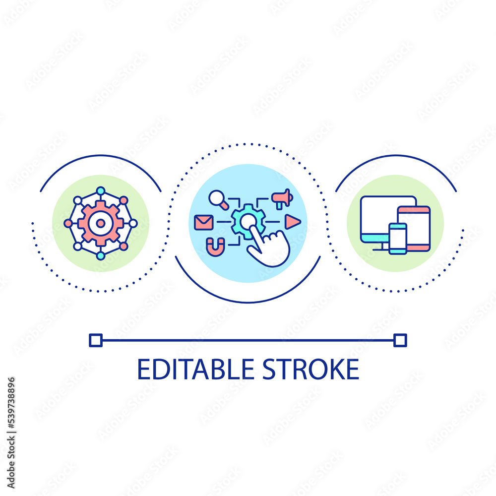 Provide new technologies loop concept icon. Optimizing websites. Adjust online business presence abstract idea thin line illustration. Isolated outline drawing. Editable stroke. Arial font used Provide new technologies loop concept icon. Optimizing websites. Adjust online business presence abstract idea thin line illustration. Isolated outline drawing. Editable stroke. Arial font used