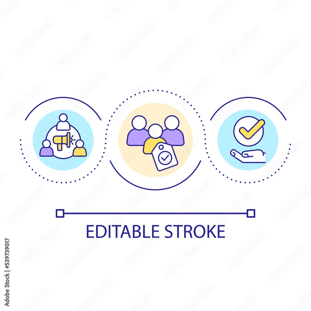 Create loyal community loop concept icon. Membership benefits. Partnership. Take part abstract idea thin line illustration. Isolated outline drawing. Editable stroke. Arial font used Create loyal community loop concept icon. Membership benefits. Partnership. Take part abstract idea thin line illustration. Isolated outline drawing. Editable stroke. Arial font used