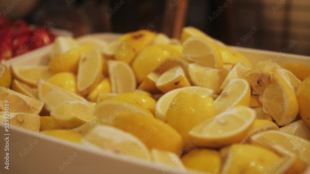 Chopped limon close up. Display showcase with freshly prepared meals in self-service cafeteria or buffet restaurant. Chopped limon close up. Display showcase with freshly prepared meals in self-service cafeteria or buffet restaurant.