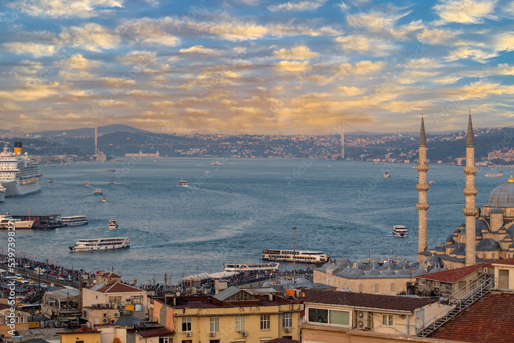 Istanbul Bosphorus Bridge and Galata Bridge. Bosphorus view taken from the hill.