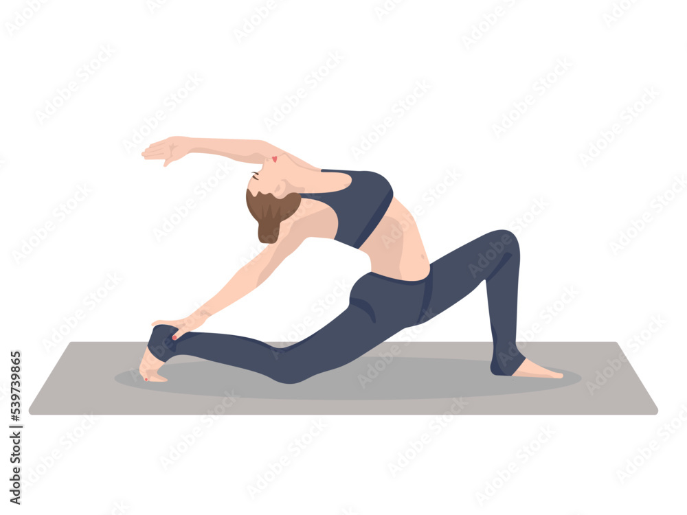 Obraz premium Young woman yoga pose. Meditation, health benefits for the body, mind and emotions. inception. Vector yoga illustration in flat style. Asana pastel navy blue color minimalistic