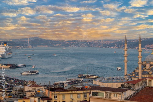 Istanbul Bosphorus Bridge and Galata Bridge. Bosphorus view taken from the hill.