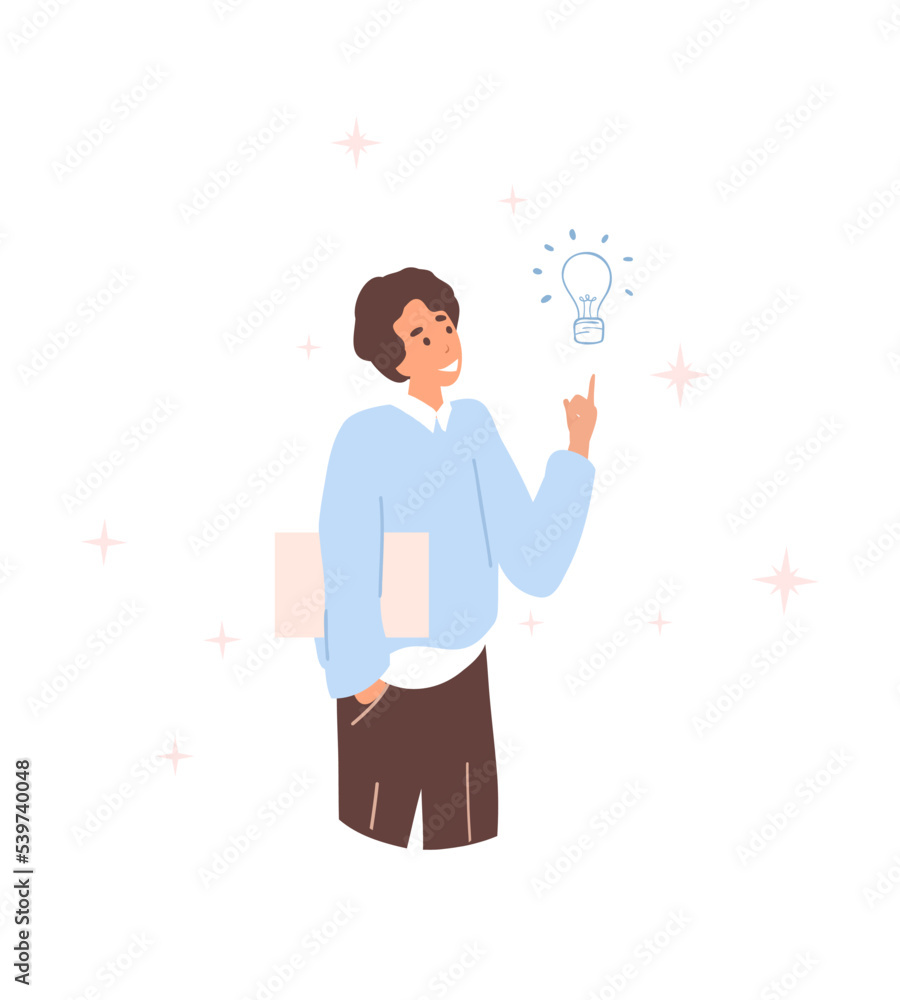 Cheerful businessman got new idea. cartoon man character got an idea with lightbulb Cheerful businessman got new idea. cartoon man character got an idea with lightbulb