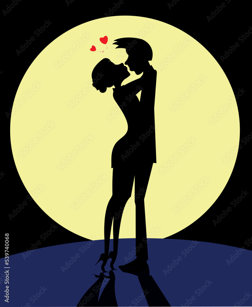 Love couple rendezvous under the moon. Heart symbols. Full moon