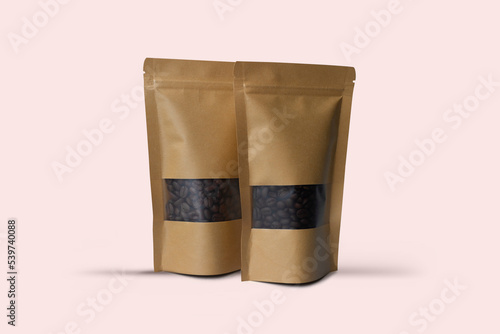 Two blank brown Kraft paper bag with coffee beans in transparent window on white background. Packaging template mockup collection with clipping path