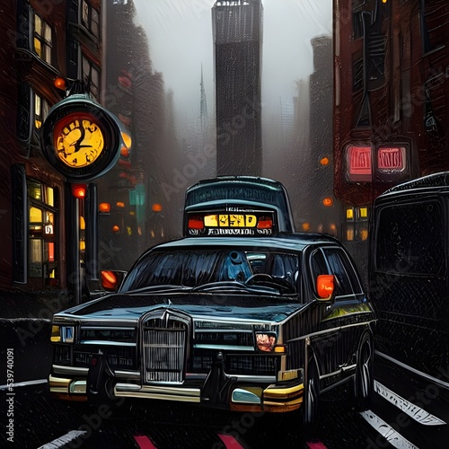 Fototapete Illustration of a taxi cab in the middle of concrete jungle, foggy hazy environment