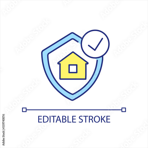 Protected house blue and yellow RGB color icon. Improved building efficiency. Confident homeownership. Isolated vector illustration. Simple filled line drawing. Editable stroke. Arial font used