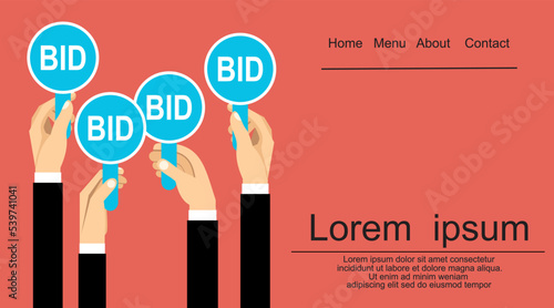 Auction and bidding concept. Hand holding auction paddle. 