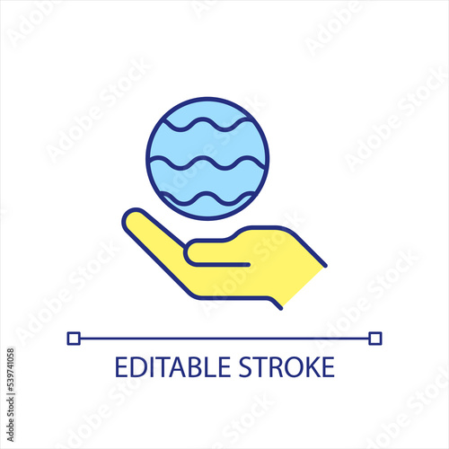 Hand hold ball with water yellow and blue RGB color icon. Hydro power. Aqua element. Alternative energy. Isolated vector illustration. Simple filled line drawing. Editable stroke. Arial font used