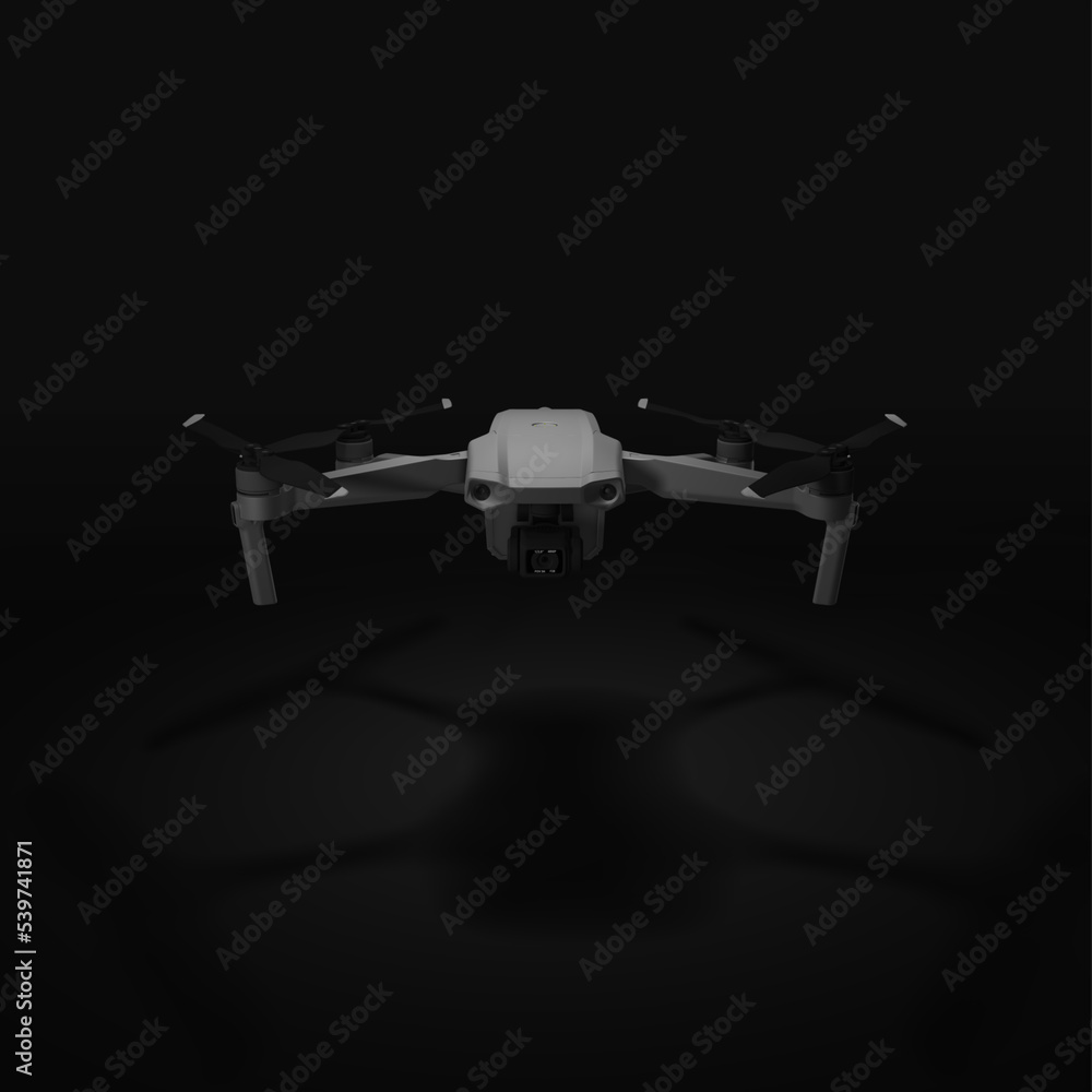 Forward facing 3D render of Mavic Air 2 drone hovering in a dark studio setting