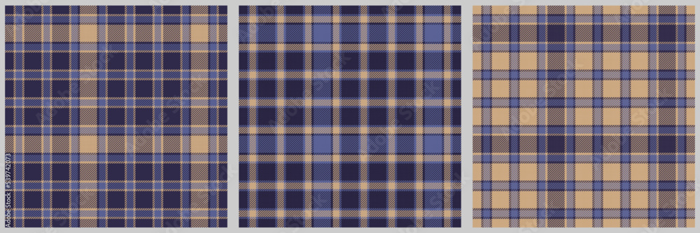 Fototapeta premium set of 3 seamless fabric checkered textures blue beige stripes tree to one for gingham plaid tablecloths shirts tartan clothes dresses bedding blanket tweed