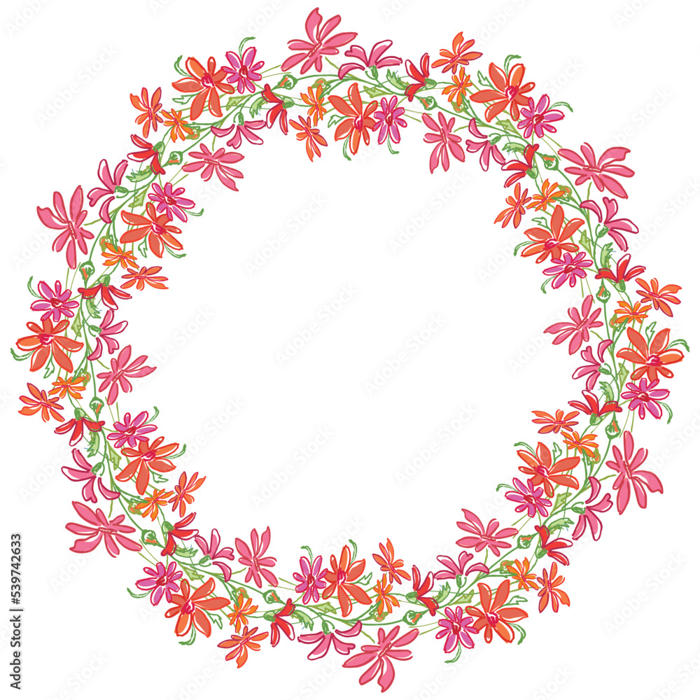 Decorative floral wreath from drawn red daisies flowers