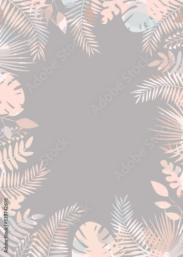 Vector illustration with tropical leaves of discreet color and empty space for text. For template web and advertising banner, wedding invitation card, advertisement poster of travel agency, decoration