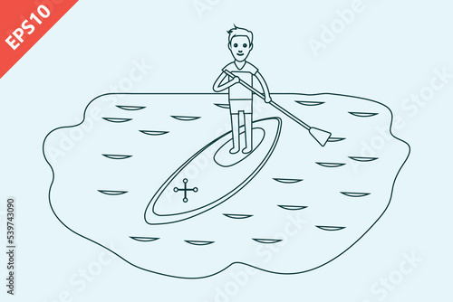 hand drawn a man on sup board surfing in the sea design vector flat isolated illustration