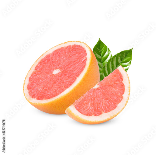 Ripe half of pink grapefruit citrus fruit with leaves isolated on transparent background. (.PNG)