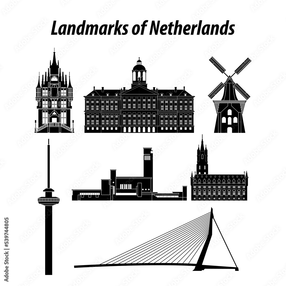 set of Netherlands famous landmarks by silhouette style,vector illustration
