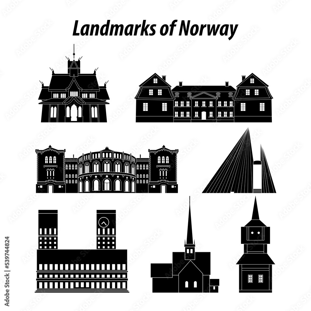 set of Norway famous landmarks by silhouette style,vector illustration
