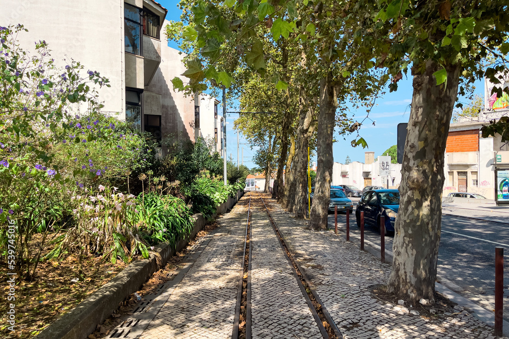 Tramway rails in the city of Sintra, Portugal