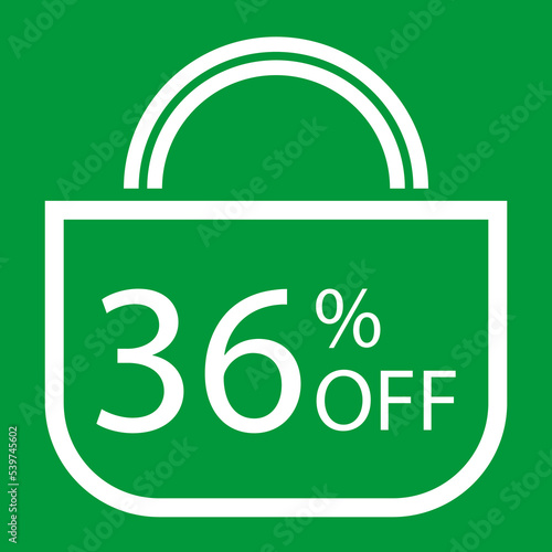 36 percent off. Green banner with shopping bag illustration.