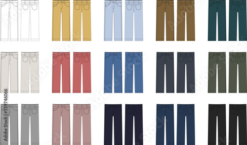 Set of children's classical jeans technical sketch. Denim casual clothes multicolored collection.